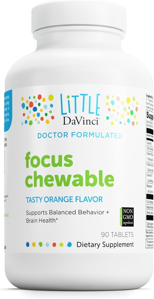 DAVINCI Labs Focus Chewable - supplement to Support Behavior, Brain Health and Immune Health for Kids* - with Vitamin B6, Folate, Vitamin B12, and More - Orange Flavor - Sugar-Free - 90 Tablets