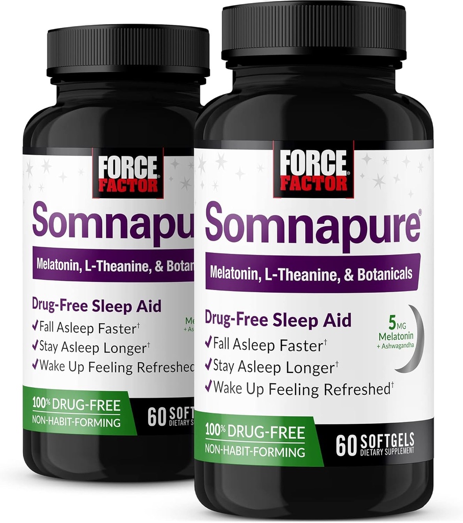 FORCE FACTOR Somnapure Softgels 2-Pack Sleep Aid to Fall Asleep Faster, Stay Asleep Longer, Wake Up Refreshed, Sleep Aid for Adults with Melatonin, Ashwagandha, Valerian Root, 120 Softgels