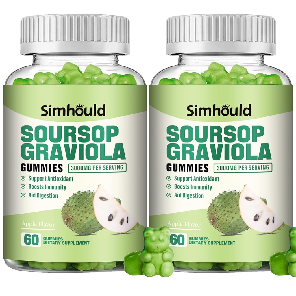 2 Pack Soursop Graviola Gummies - 3000mg Ekstra Güc Soursop Vitamin C ilə dəstəyir - Digestive Aid, Immune Support & Antioksid - Sugar-Free, Non-GMO, Vegan, 120 Counts