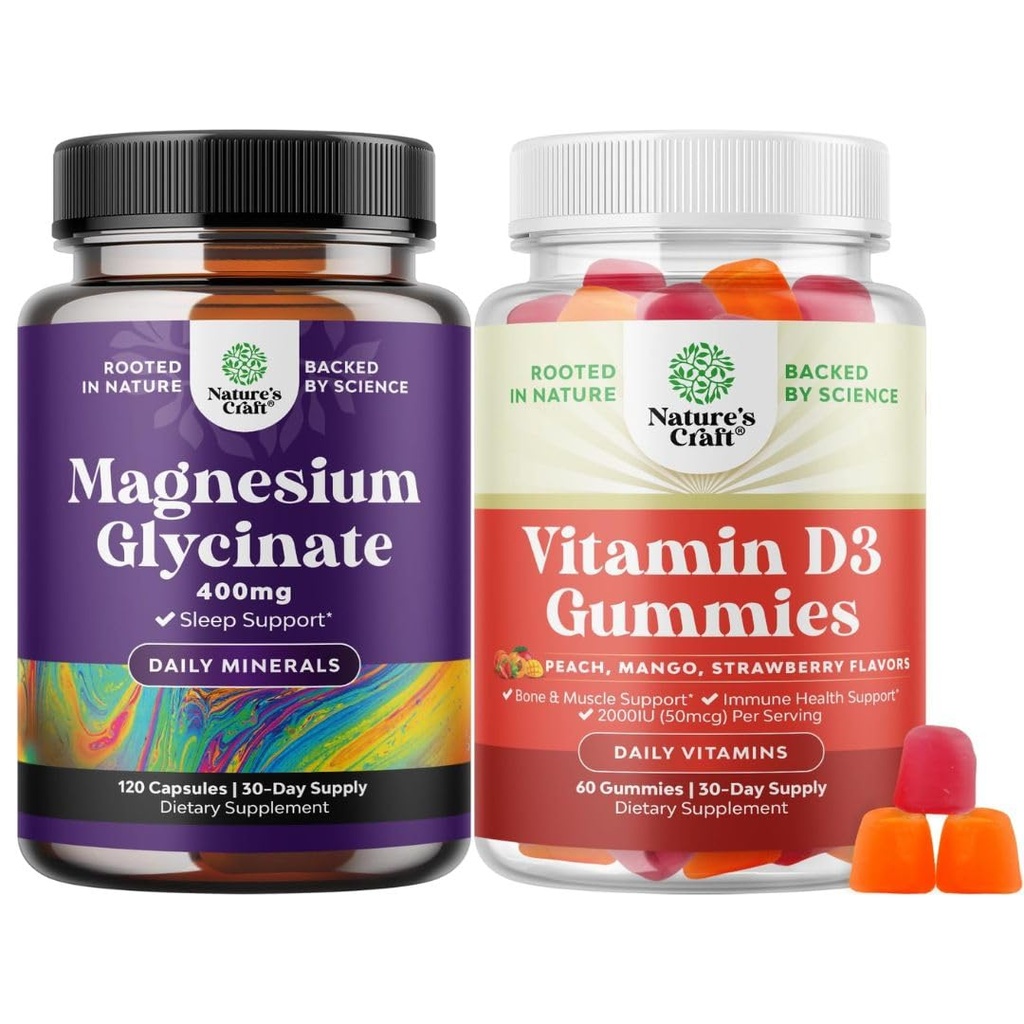 Bundle of Pure Magnesium Glycinate Supplement 400mg Per Serving for Mood Sleep and Relaxation Support and Vitamin D3 Gummies for Daily Wellness with 2000IU per Serving Bone Muscle & Immune Support