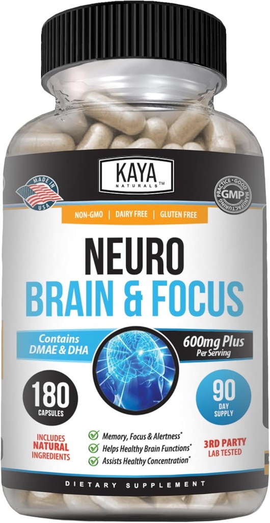 Kaya Naturals - Neuro brain per a la memòria i el focus - Capsule - Implementació del cervell nootròpic suplementari - Focus i aprenentatge de la funció congnitiva - 180 Compte