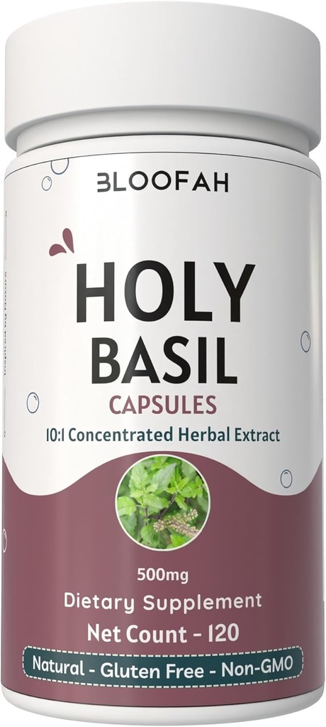 Holy Basil Leaf Capsules 500mg | Concentrated 10:1 Extract Ocimum tenuiflorum Herbal Supplement | Non-GMO, Gluten-Free | Easy to Swallow (120 Count (Pack of 1))