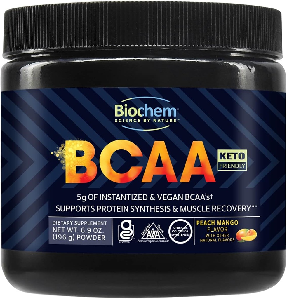Biochem BCAA Powder Paeach Mango 5g  2001- 30 Servings Vegan, Guten Free, Keto, instantaniitzat 2:1: BCAA Apèndix per a Muscle Recovery, Protein Syn Sythesis i Hydtion Electrolyte Amino Acid Powder
