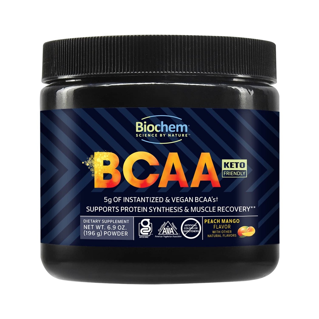 Biochem BCAA Powder Peach Mango 5g – 30 Servings | Vegan, Gluten Free, Keto, Instantized 2:1:1 BCAA Supplement for Muscle Recovery, Protein Synthesis & Hydration | Electrolyte Amino Acid Powder