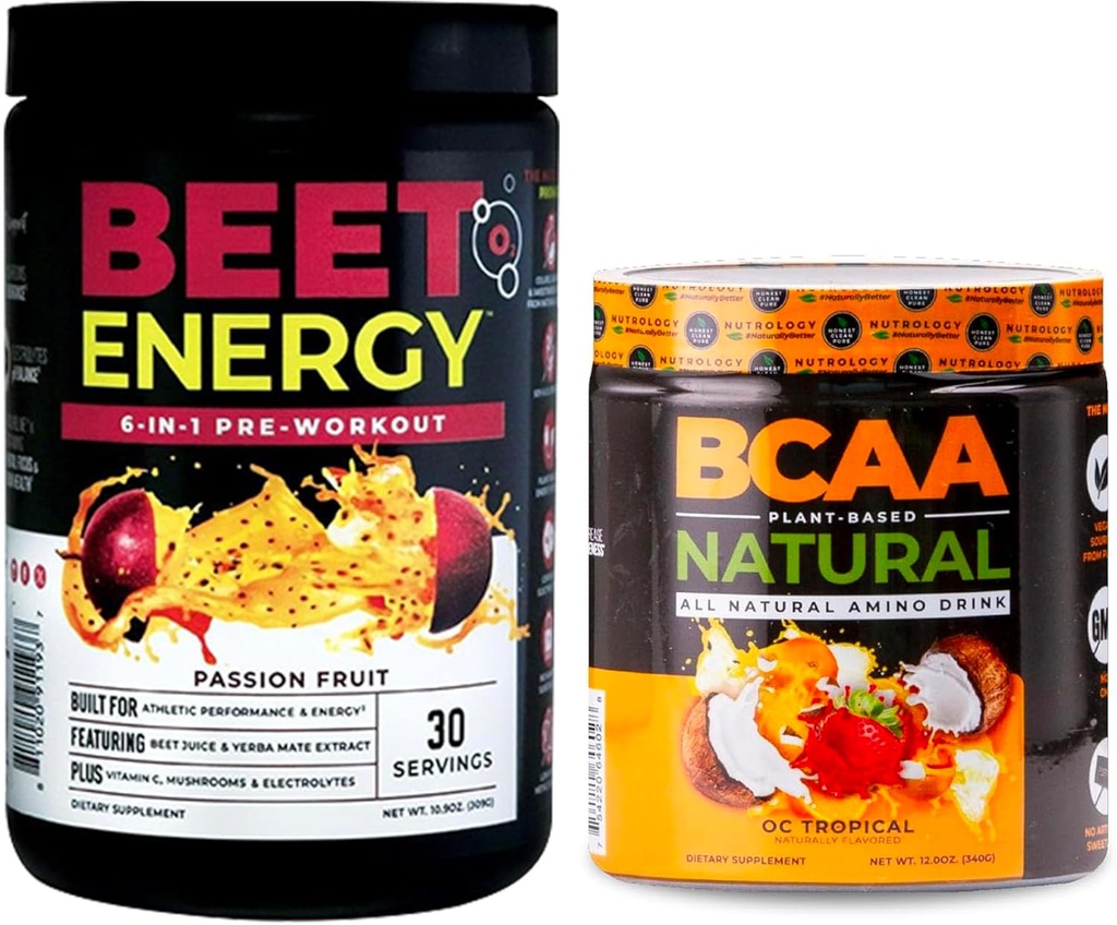 Nutrology Beet Natural O2, Pre Workout Powder, Passion Fruit Flavor (30 zerbitzatu) BCAA Natural, Plant Based BCAA Powder, Orange Coconut Flavor (30 zerbitzatu)