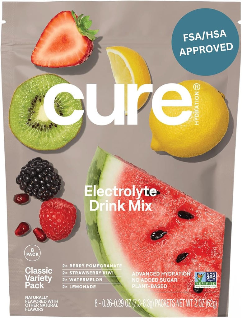 Cure Hydration | Plant-Based Electrolyte Drink Mix | No Add Sugar | FSA-HSA | Dehüdratsioon Relief Pulber valmistatud kookosvesi | Non-GMO | Vegan | 8 Packets - Sordipakk
