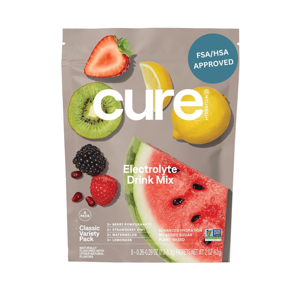 Cure Hydration | Plant-Based Electrolyte Drink Mix | No Added Sugar | FSA-HSA | Dehydration Relief Powder Made with Coconut Water | Non-GMO | Vegan | 8 Packets - Variety Pack
