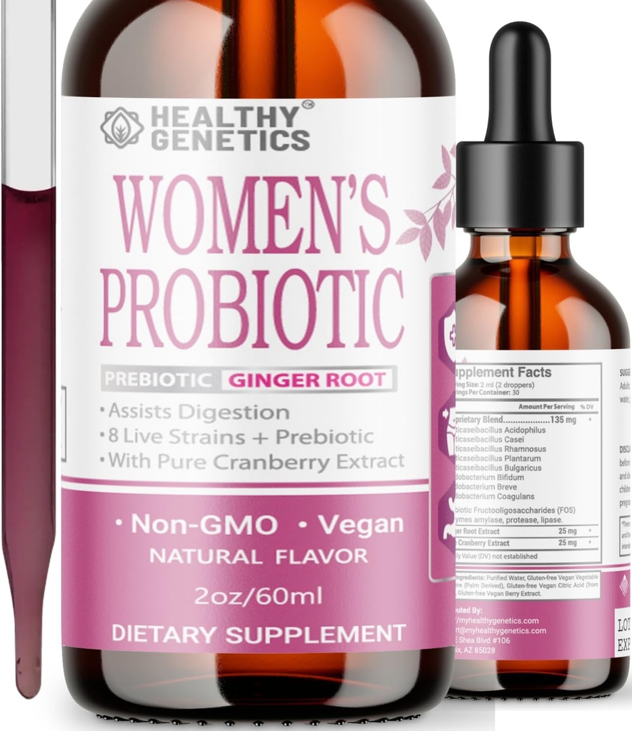 Flytande probiotika för kvinnor | Prebiotic + Cranberry + Probiotics for Digestive Health | Acidophilus Probiotic | Dairy Free | Vegan | Non-GMO | Gluten Free | 30 portioner