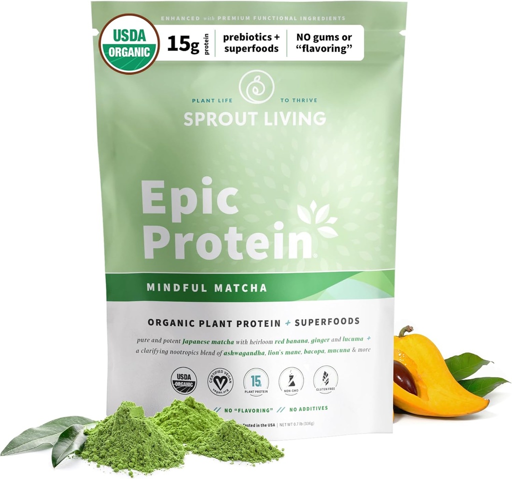 Sprout Living Epic Protein, Plant Basert Protein & Superfoods Powder, Mindful Matcha | 17 Grams Organic Protein Powder, Vegansk, Ikke-GMO, Glutenfri, Adaptogens + Nootropics (1 pund, 12 serveringer)