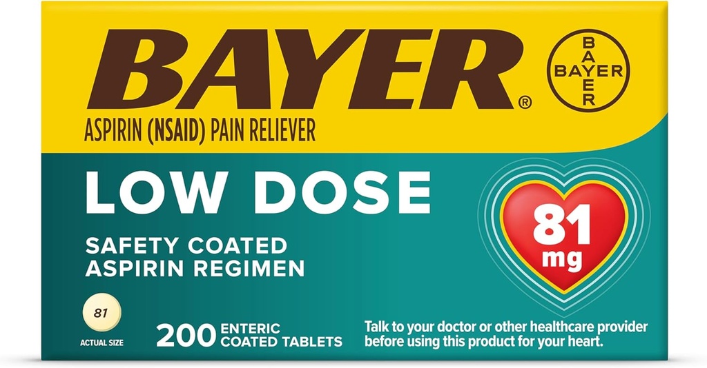 Bayer Aspirin Regimen 낮은 복용량 Enteric 코팅 정제, 81 mg, 200 조사