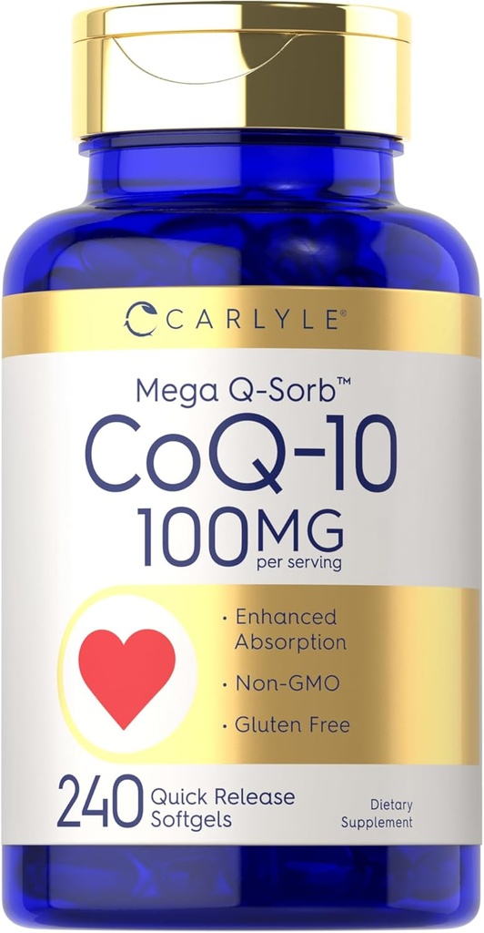 Carlyle CoQ10 100mg , 240 Softgels , Mega Q-Sorb Coenzyme Q-10 | with Black Pepper Extract , Non-GMO, Gluten Free supplement