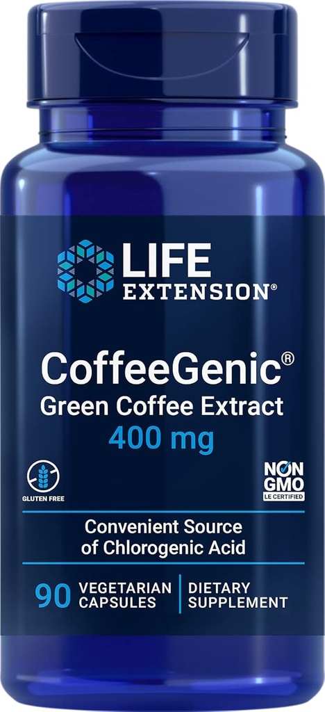 Bizitza-hedapena CoffeeGenic® Green Coffee Extract, 400 mg, % 50eko azido klorogenikorako, Meal Metabolismoko Laguntzarako, Gluten Free, Ez-GMO, Vegetarian, 90 kapsularako estandarizatua