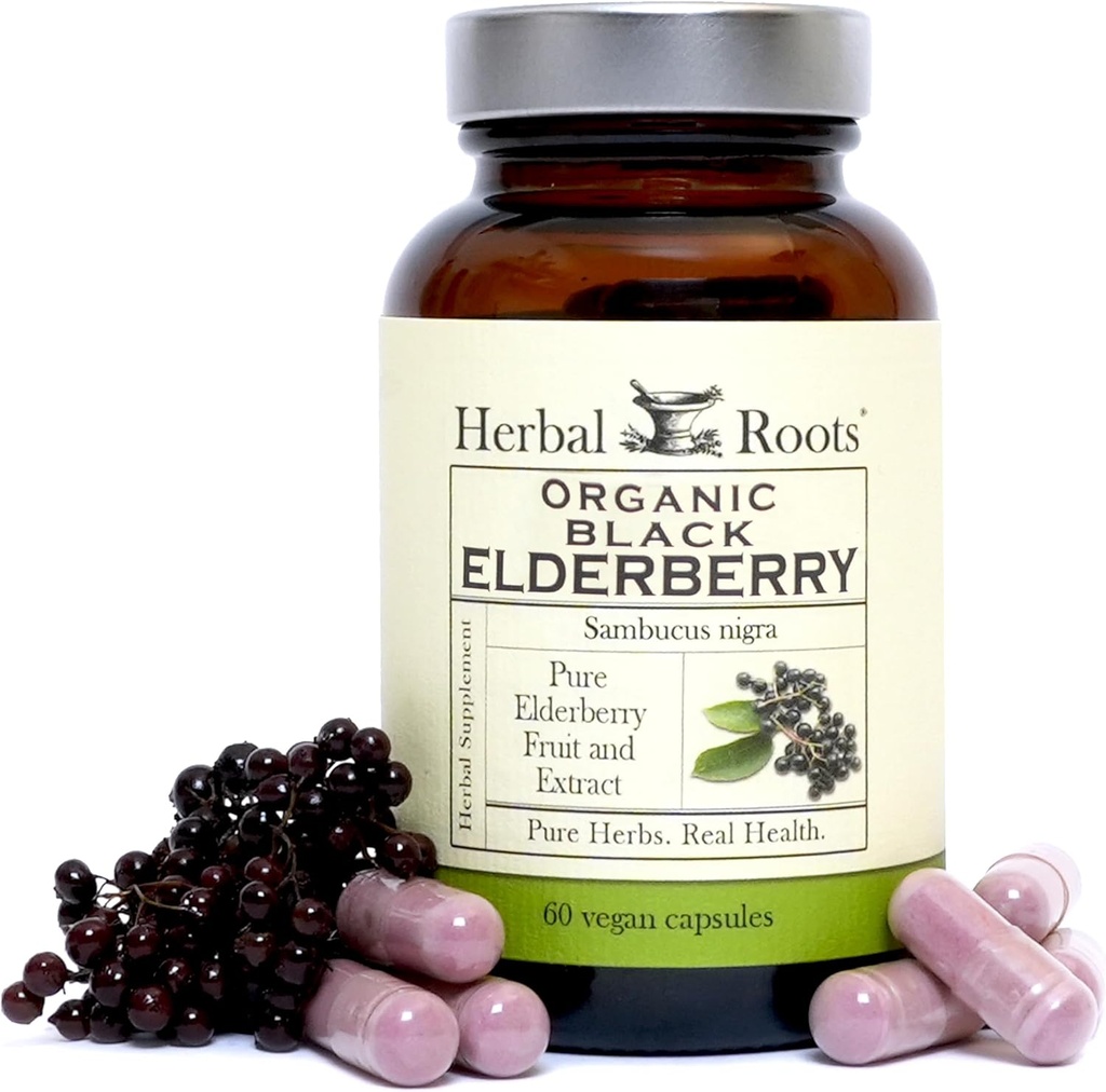 Herbal Roots Organic Black Elderberry Kapsle 124; Max Strength 124; Made with Organic Sambucus Capsle 124; 60 Vegan Kapsle
