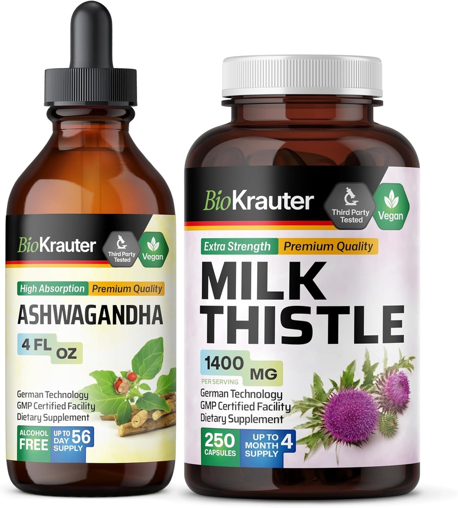 BIO KRAUTER Ashwagandha Tinkture 4 Fl. Oz. & Milk Thistle 250 kapsul
