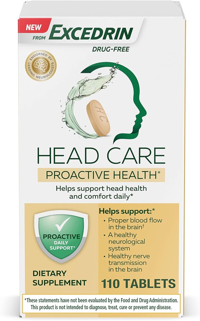 Excedrin Head Care Proaktivno zdravje z magnezijem, riboflavinom, vitaminom B6, folno kislino in vitaminom B12, prehranska dopolnila podpira zdravje in udobje glave dnevno – 110 Count