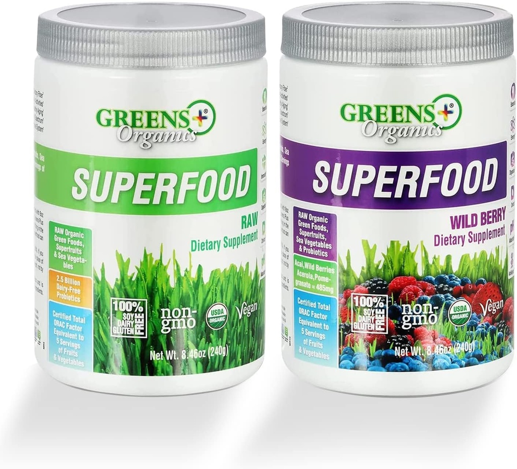 Greens+ siêu thực phẩm hữu cơ Powder, super Food & Wild Bowder, Gluten free Super Food Powder, được truyền với probioics, USDA Bioics, Bundle (Pack of 2)