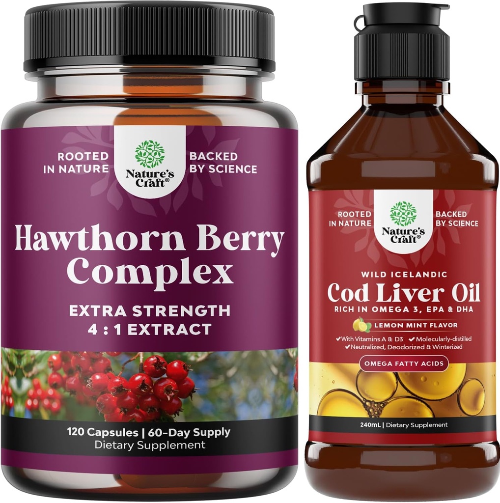 Bundle of Extra Strength Hawthorn Berry капсули Hawthorn Extract Digestion and Heart Health Addition and Island Cod Liver Oil Liquid Wild Catch Nordic Omega 3 Fish Oil Liquid за възрастни и деца
