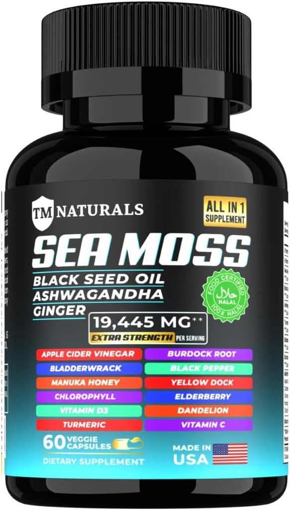 Sea Moss med Black Seed Oil, Vitamin C, Ashwagandha och gurkmeja för Immune Support & Energy - 60 Vegan Capsules + Free Pill Box