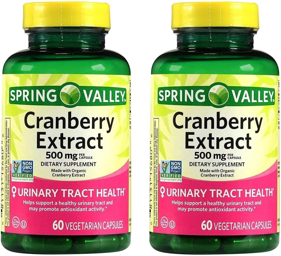 Spring Valley Cranberry Extract For Urinary Tract Health,Dietary Supplement,Antioxidant Health, 60 Count, 500 mg per Capsule (Pack of 2)
