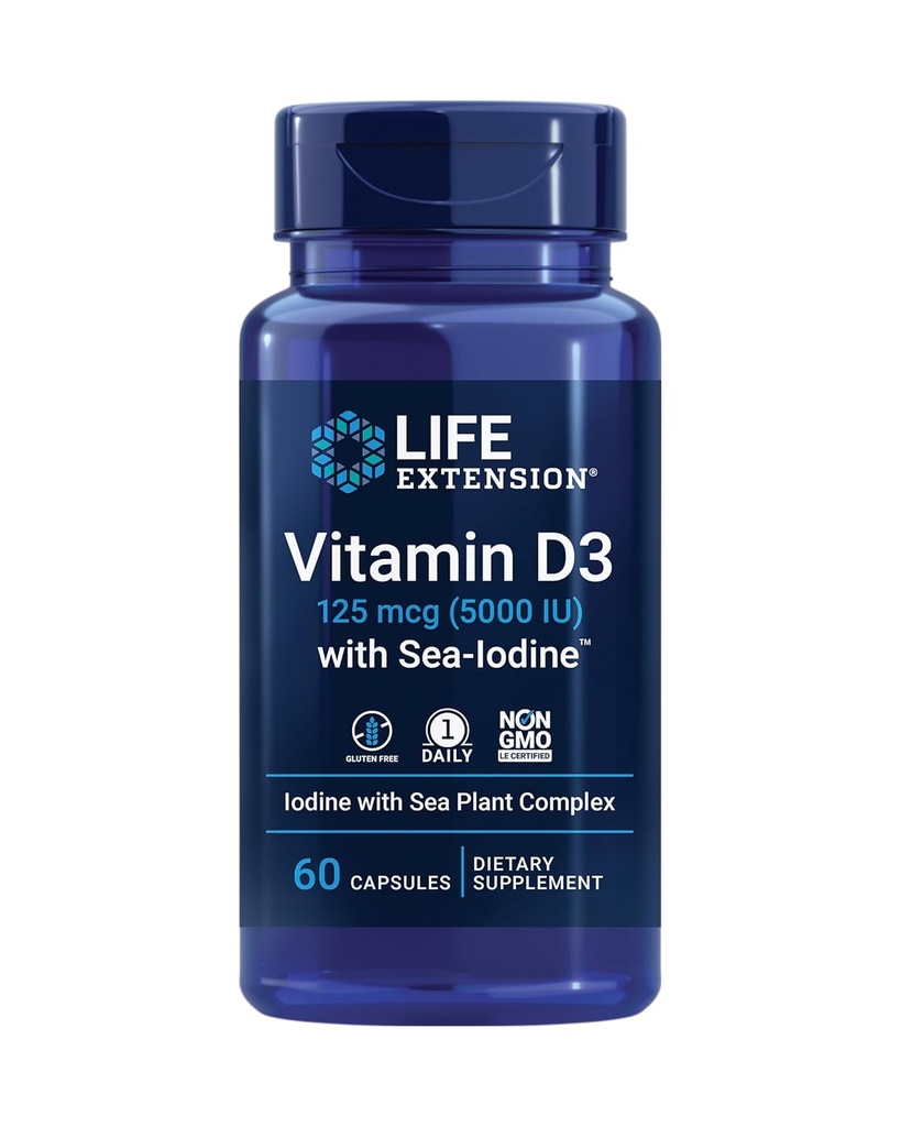 Sea-Iodine TM ilə Life Extension Vitamin D3, 125 mcg (5000 IU) - Immune Support, Bone Health, Thyroid Health - 1 Daily, Gluten-Free, Non-GMO - 60 Kapsüller