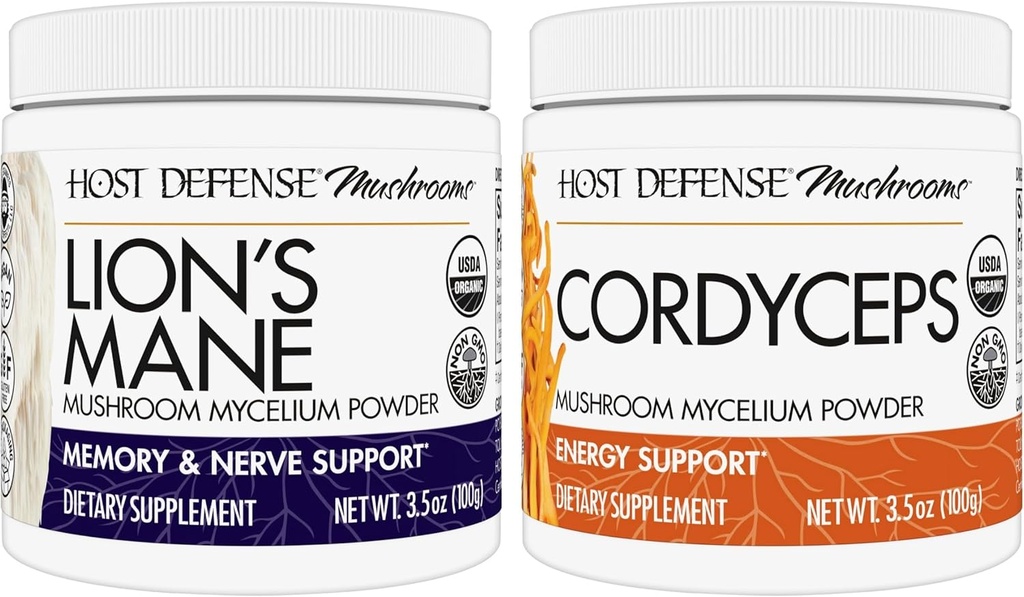 Host Defense Bundle עם אבקת מאן של אריה, 3.5 oz & Cordyceps אבקת, 3.5 oz - תמיכה בריאות המוח, זיכרון ו Focus - תמיכה בריאות ואנרגיה *