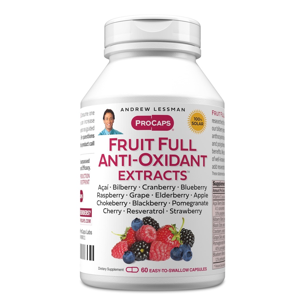 ANDREW LESSMAN Fruit Full Anti-Oxidant Extracts 60 Capsules - 14 Natural Fruit and Berry Extracts. Bilberry, Cranberry, Grape Seed, Pomegranate, Resveratrol, and More. Easy to Swallow Capsules