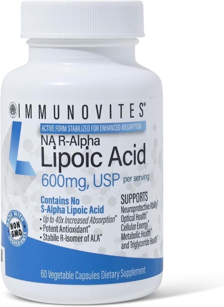 IMMUNOVITES Stabilized R- Alpha Lipoic Acid ((True)) 600mg per servering [[[Høj potens & op til 40x Øget Absorption]] (Na R- ALA) (Na R- LA) (Na R- Lipoate) (1 flaske)