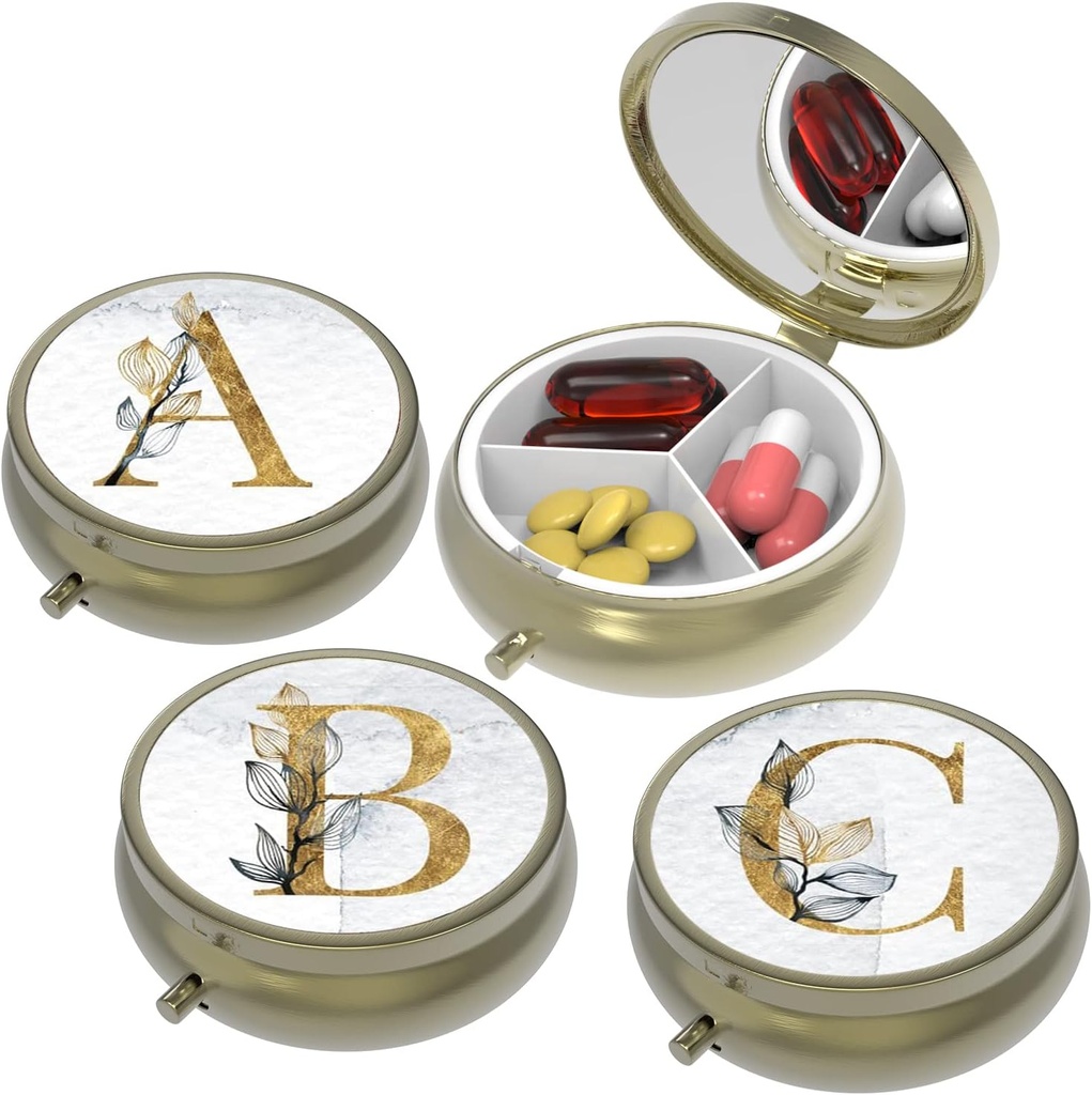 Kis Pill Box, Pill Case for Purse & Pocket, 3 Comisties Travel Pill Case Organizer Storage for Vitamins, Pills, Fish Oil and Earrings, Studs, Bronze- 3Round (ABC)