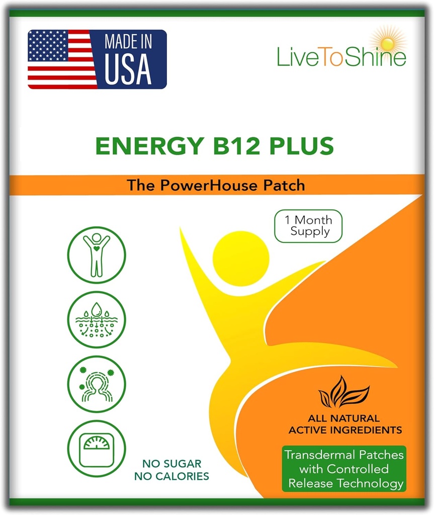 Live naar Shine B12 Energy Plus Topische Patch - Energie en Focus Ondersteuning voor vrouwen en mannen - 30-dagen levering - USA Made