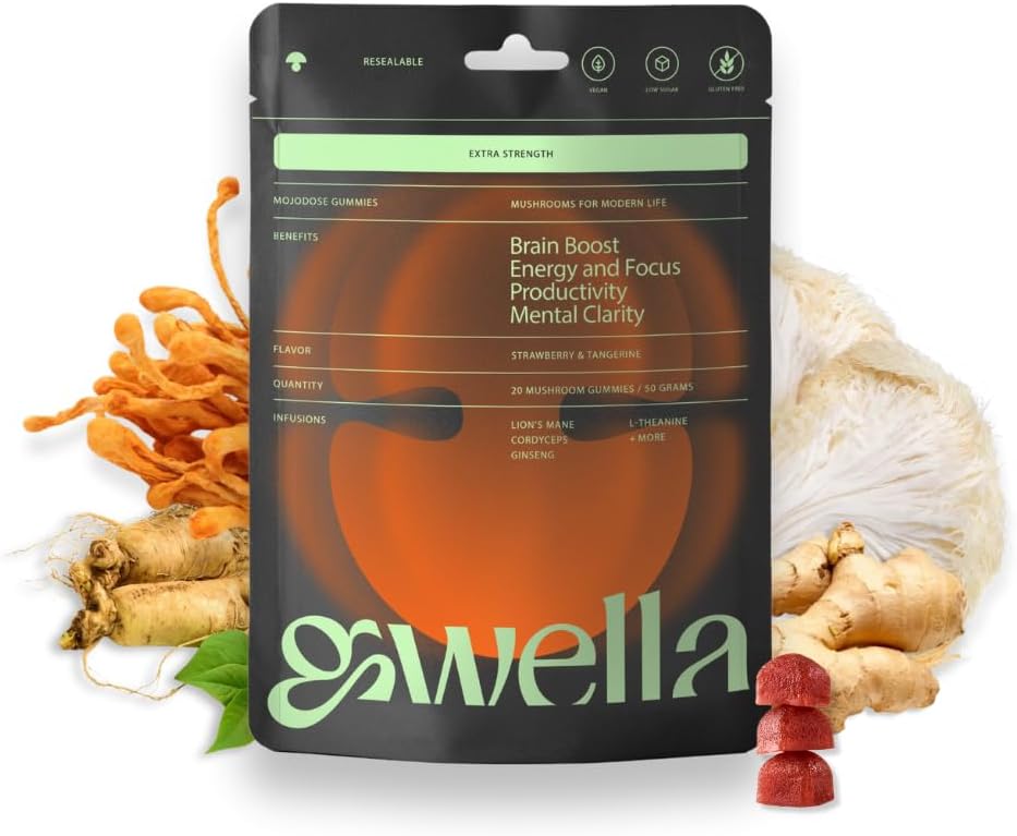 Gwella Focus Gummies with Lion's Mane, Panax Ginseng, Кордицепс, SAM-e, і Nootropics, Energy and Focus Supplement, Vegan, Strawberry Tangerine (20 граф - пакет 1)