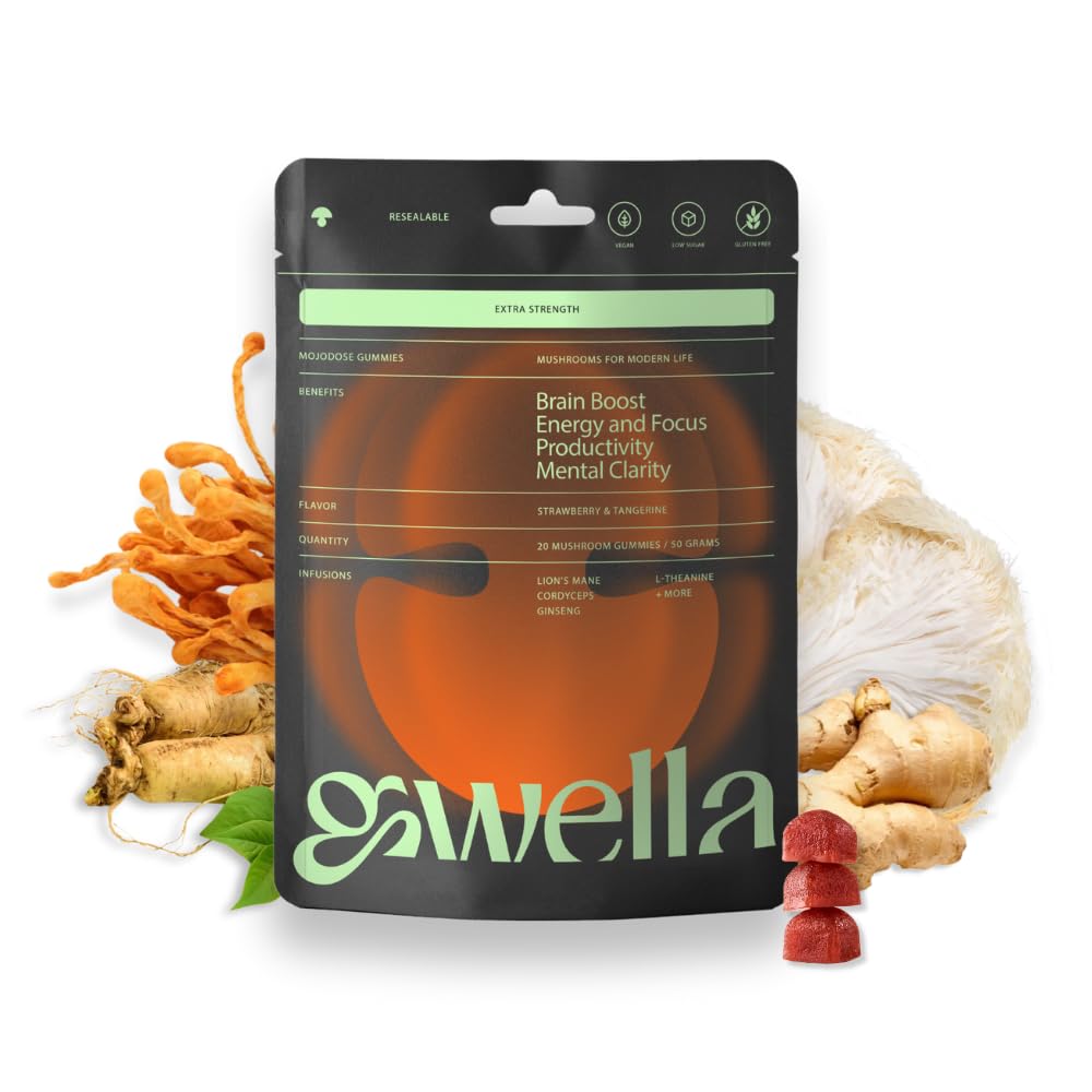 Gwella Focus Gummies with Lion’s Mane, Panax Ginseng, Ginger Root, Cordyceps, SAM-e, and Nootropics, Energy and Focus Supplement, Vegan, Strawberry Tangerine (20 Count - Pack of 1)