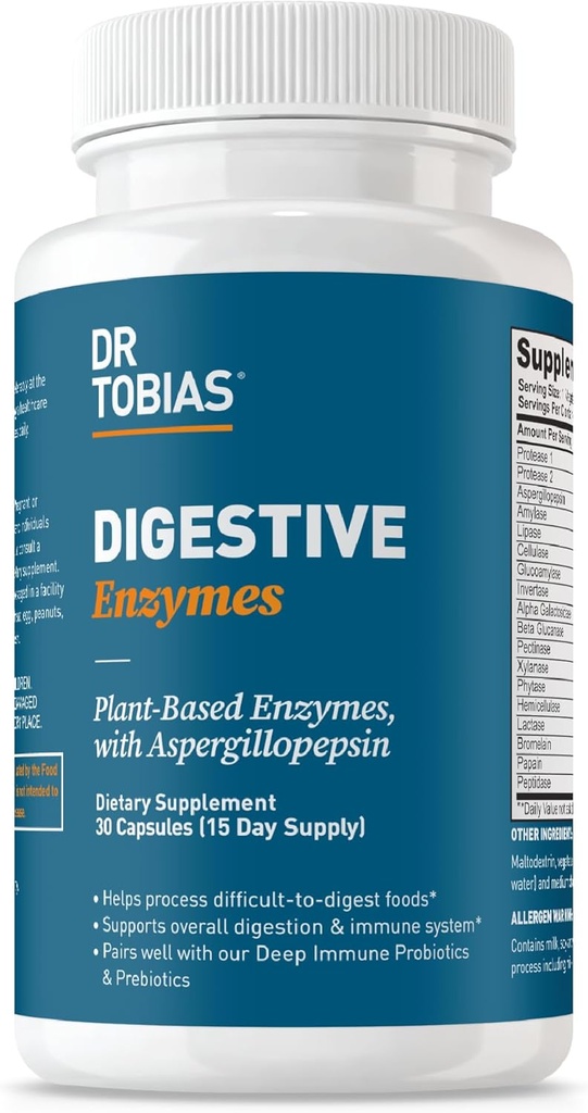 Tobias Digestive Enzymes doktorea Amylase, Bromelain, Lipase, Lactase, Protease, Papain & More, digestio-gehigarria 18 entzimarekin digestioa eta elikadurarako, 30 kapsula, 15 zerbitzu