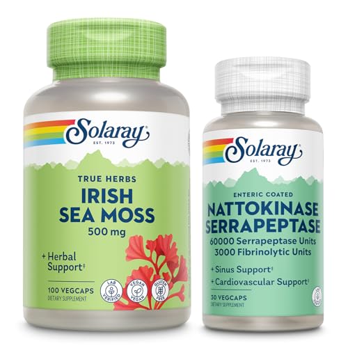 SOLARAY Irish Sea Moss 500mg and Nattokinase Serrapeptase Supplement - Wellness Bundle with Naturally Occurring Vitamins, Minerals - Gut Health, Sinus, Heart Health Support, 60-Day Guarantee, 100/30ct