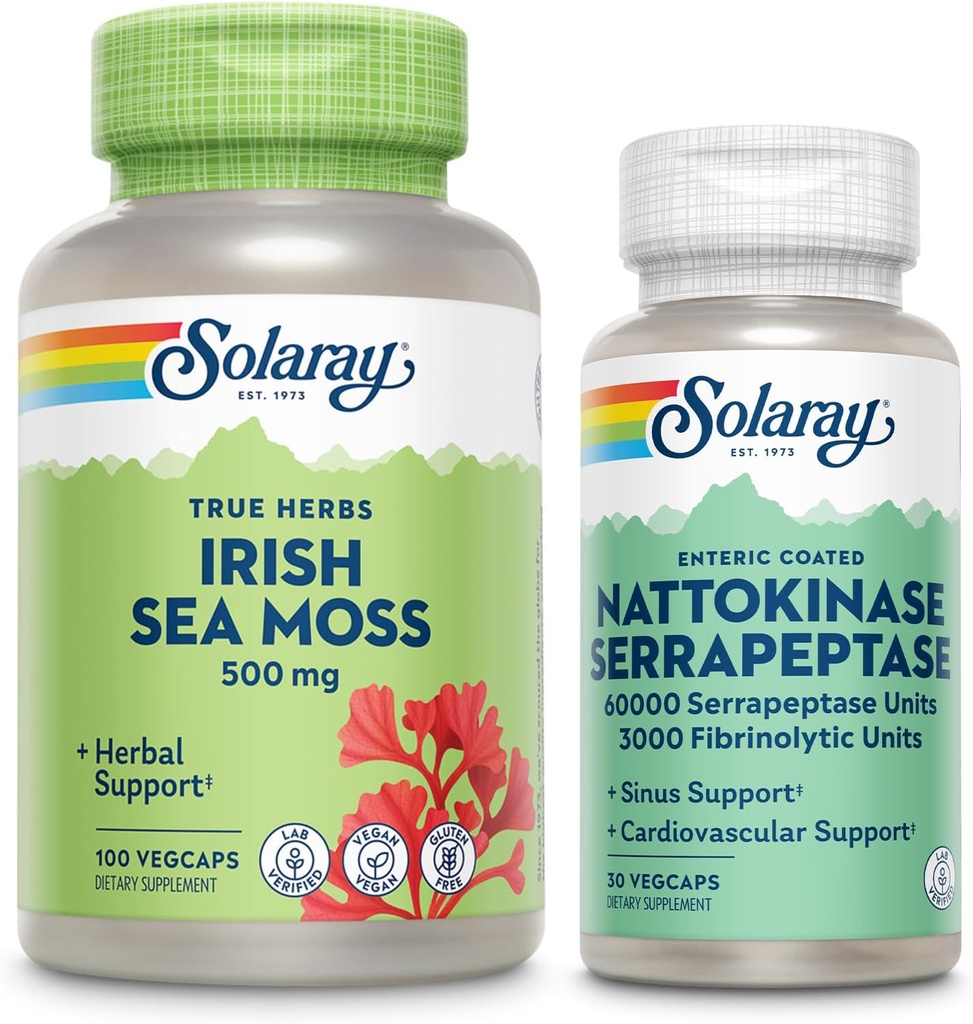 SOLARAY Irish Sea Moss 500mg dan Nattokinase Serrapeptase Suplement - Wellness Bundle with Alami Occurring Vitamin, Mineral -