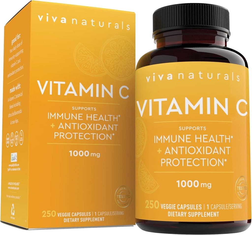 Viva Naturals Viquitata C, 1000 mg, 250 Vegetarian Capules, amb Citrus Bioflovonoides & Rose HIPS, No-GMO per a la implementació contra l'Imunident i la protecció antioxint