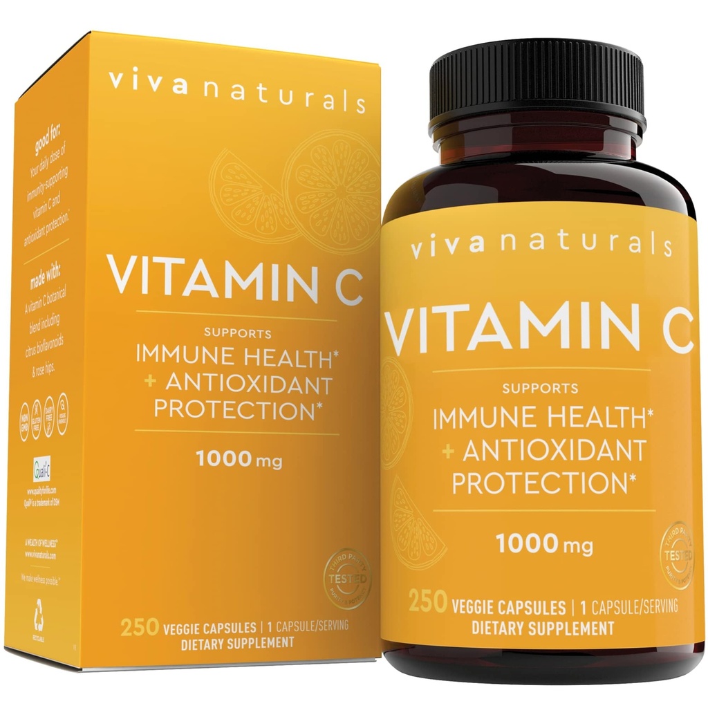 Viva Naturals Vitamin C, 1000 mg, 250 Vegetarian Capsules – with Citrus Bioflavonoids & Rose HIPS, Non-GMO for Immune Support & Antioxidant Protection