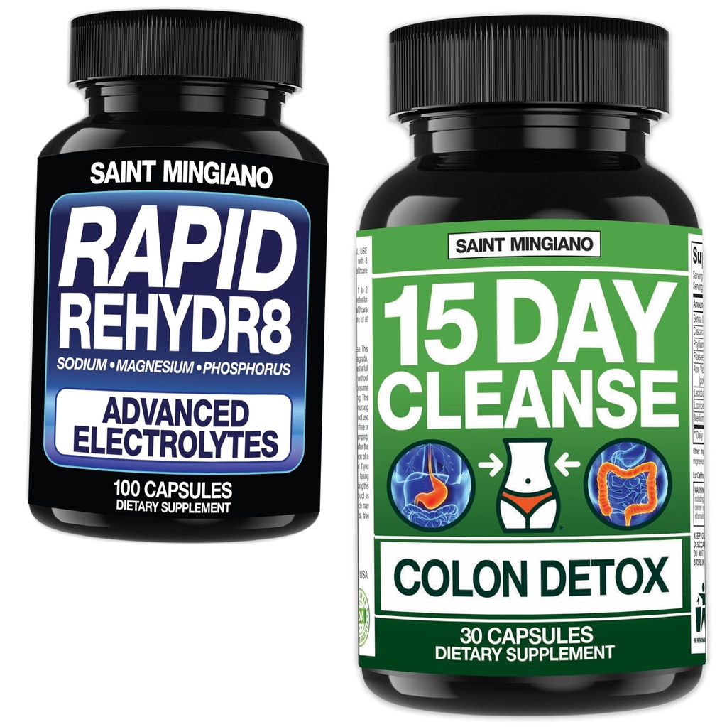 15 Day Cleanse | Colon Detox with Natural Laxative - with - Rapid Rehydr8 Electrolyte Supplements Prevention of Cramping and Supports Muscle Endurance and Recovery - 100 Capsules