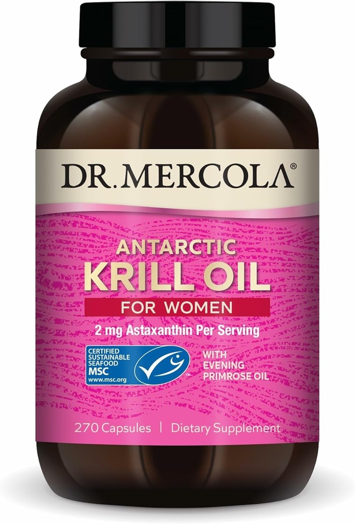 Dr. Mercola Krill Oil for Women - 2 mg Astaxanthin - MSC Certified Sustainable - Supports Brain, Skin & Immune Systems - with Omega-3s - Non-GMO, Gluten-Free & Soy-Free - 270 Capsules (30 Servings)