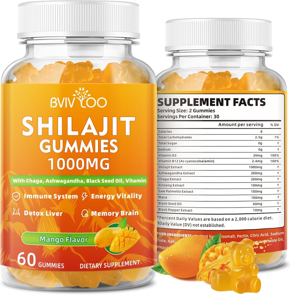 Shilajit Gummies 1000mg Sugar Free - Suplemento Shilajit para homes e mulleres - Alto en 85 + minerais traza e ácido fulvico - Enerxía, cerebro, inmunidade - 60 Gummies