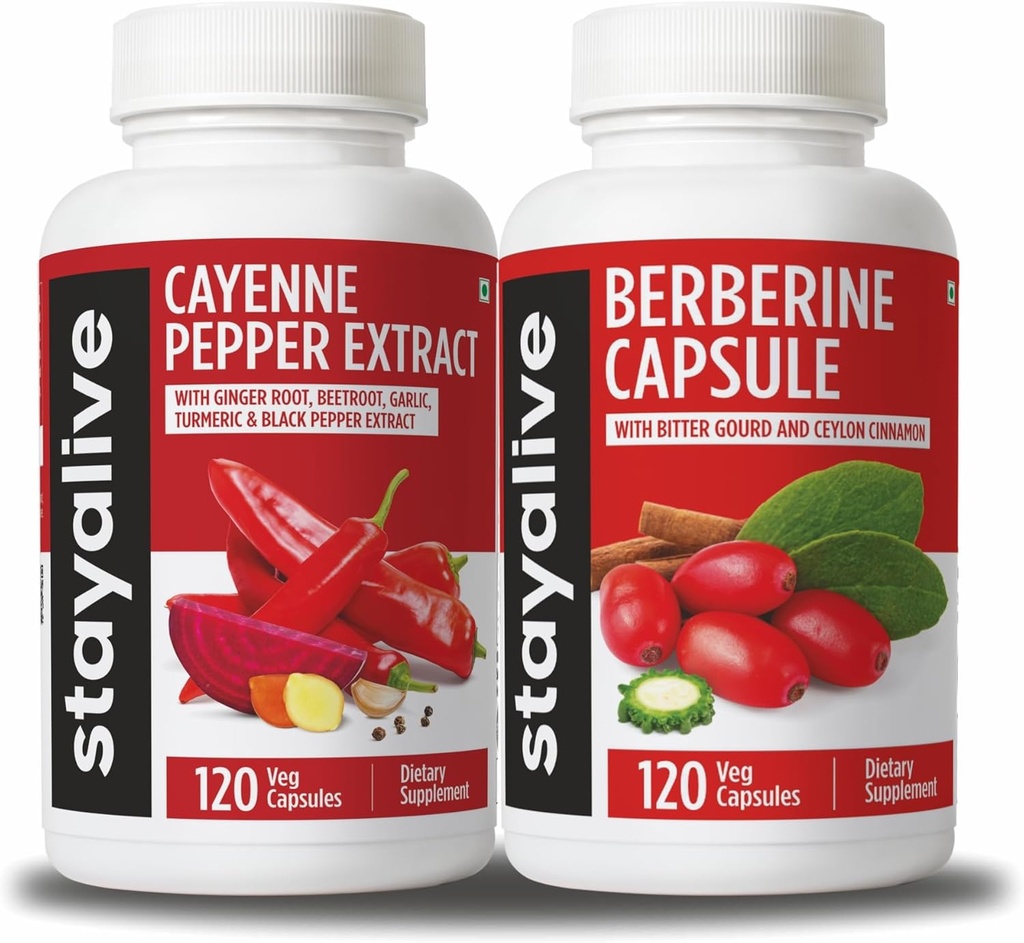 STAY ALIVE Cayenne and Berberine Bundle with Ceylon Cinnamon and Bitter Gourd Extract, 240 Vegan Pills, Non-GMO & Gluten Free Berberine Cayenne Pepper Supplement