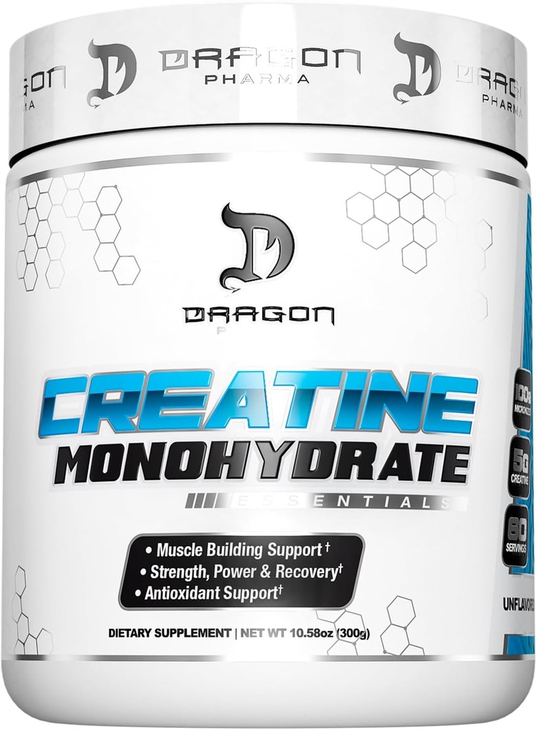 DRAGON PHARMA Creatine Monohydrát, Podpora svalové obnovy, Post- Workout Dodatek, Antioxidant Podpora (60 Služeb, Neochucené)