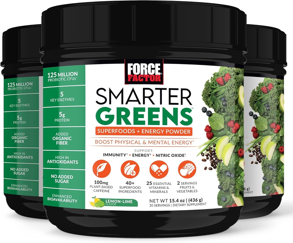 FORCE FACTOR Smarter Greens Superfoods + Energy Toz to Boost Energy & Support Digestion, Gut Health, Bloating, Greens Toz with Digestive Enzymes, Probiyotiks & Prebiyotiks, Lemon Lime, 90 Servisler