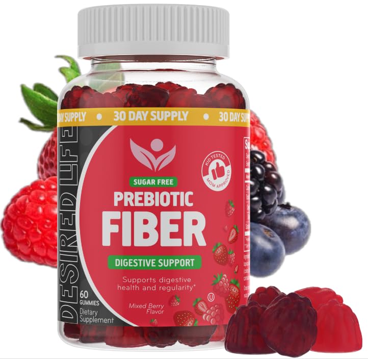 Sugar Free Prebiotic Fiber Gummies for Adults Kids Mixed Berry Flavor Plant Supplement for Women Men, Daily Digestive Health Regularity 60 Count (Pack of 1)