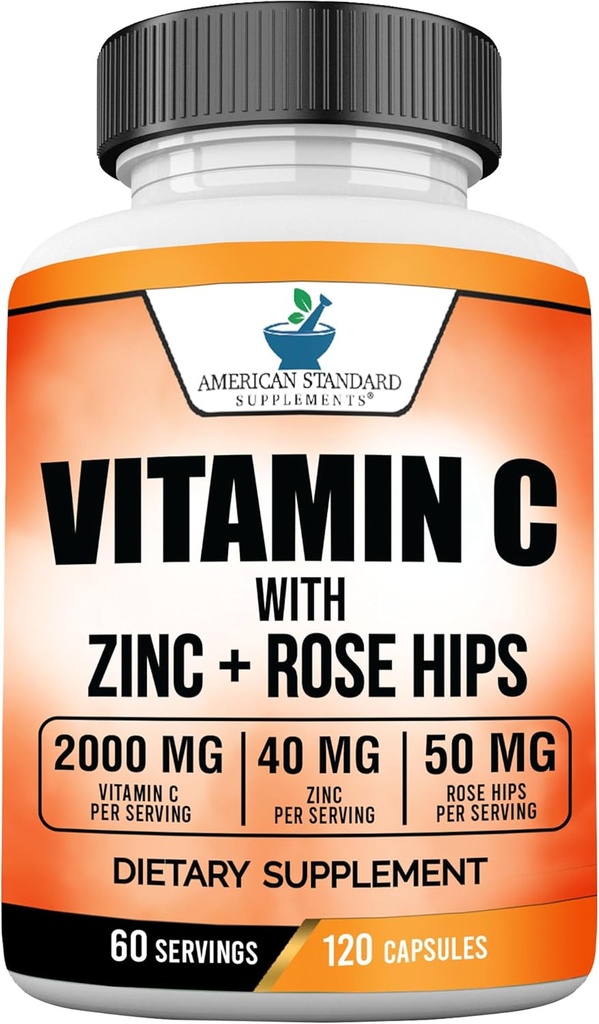 American Standard Suplimente Vitamina C 2000mg, Zinc 40mg, și Rose HIPS 50mg Per Serving, Vegan, Gluten Free, Non-GMO (120 Conte)