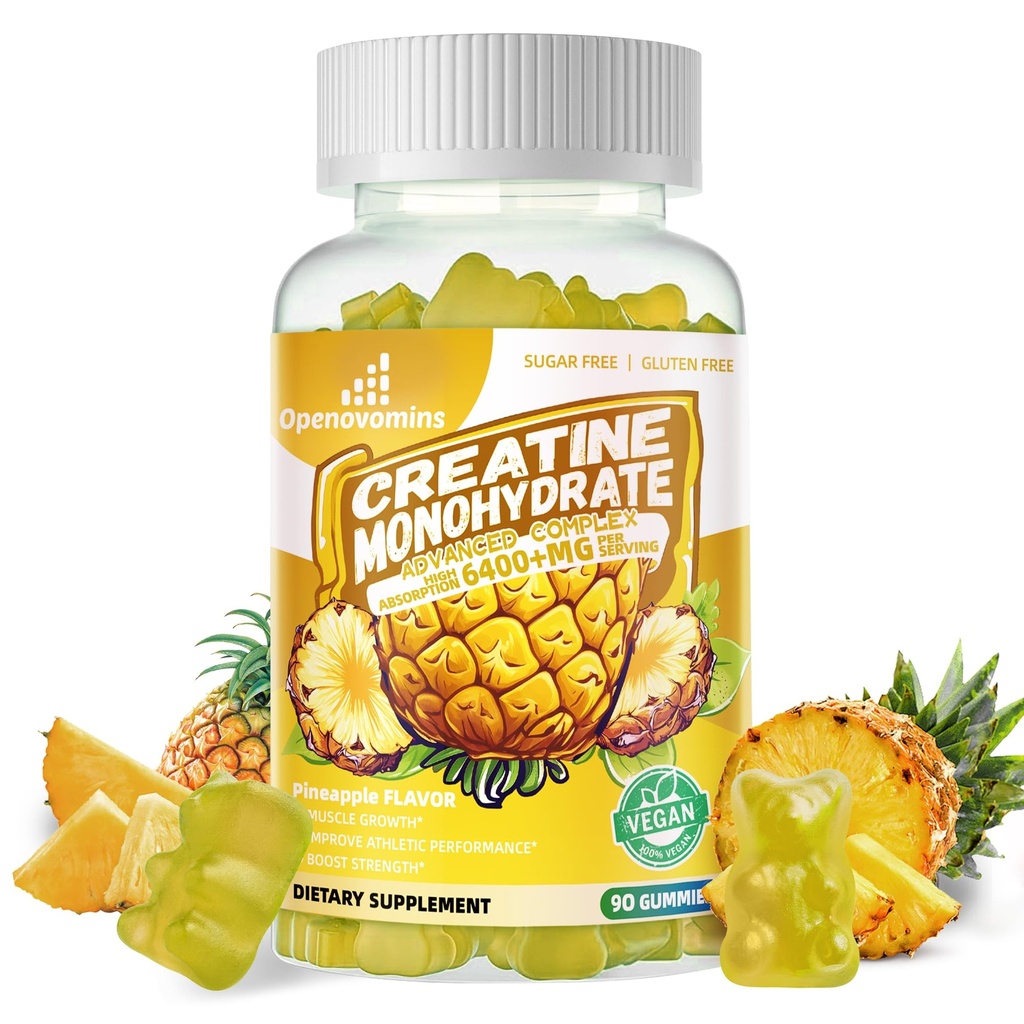 Creatine Monohydrate Gummies Complex for Men & Women -Advanced Formula W/L-Taurine + Vitamin B12, Sugar Free Chewable Supplement,90 Pineapple Gummies
