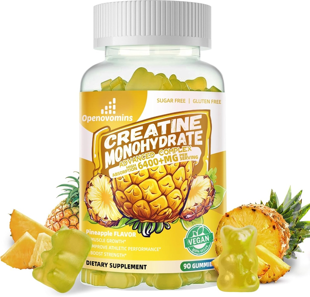 Kreatinmonohydrat Gummies Komplex för män och kvinnor -Avancerad Formel W/L-Taurin + Vitamin B12, Sugar Free Chewable Supplement,90 Pineapple Gummies