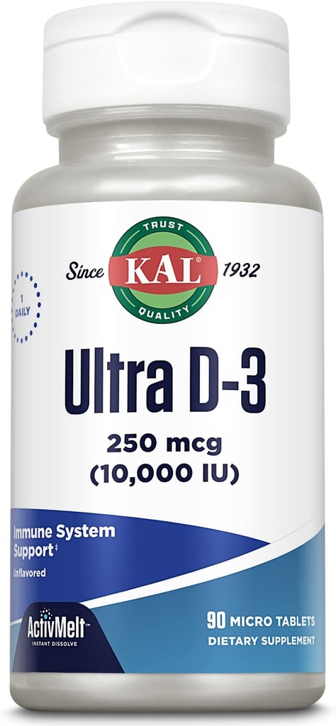 KAL Ultra-D3-vitamin 250 µg (10000 NE), magas hatáserősségű D-vitamin, kalcium-abszorpció, csontegészség és immunszupportív kiegészítés, azonnali feloldás, íztelen ActivMelt, 90 adag, 90 mikro tabletta