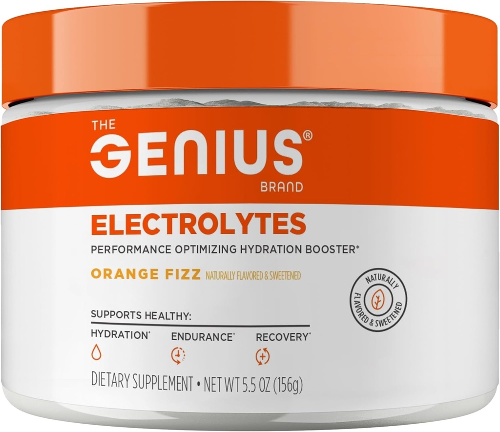 Genius Electrolytes Powder Drink Mix, Orange Fizz, 30 porties - Natural Hydration Booster & Endurance Supplement met Kalium, Magnesium & Zink - Suikervrij & geen kunstmatige zoetstoffen of kleurstoffen