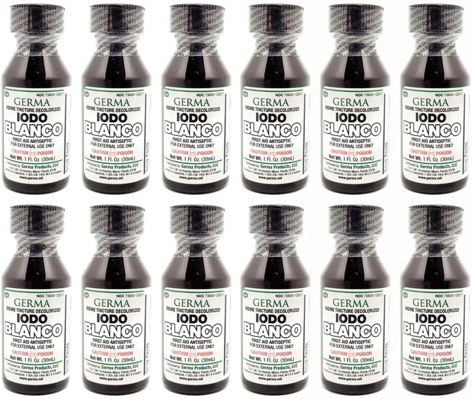 Germa White Iodeine Tincatura. Primera Aid antiseptic. Evita l' inversió d' aparença. 1 oz. Paquet de 12