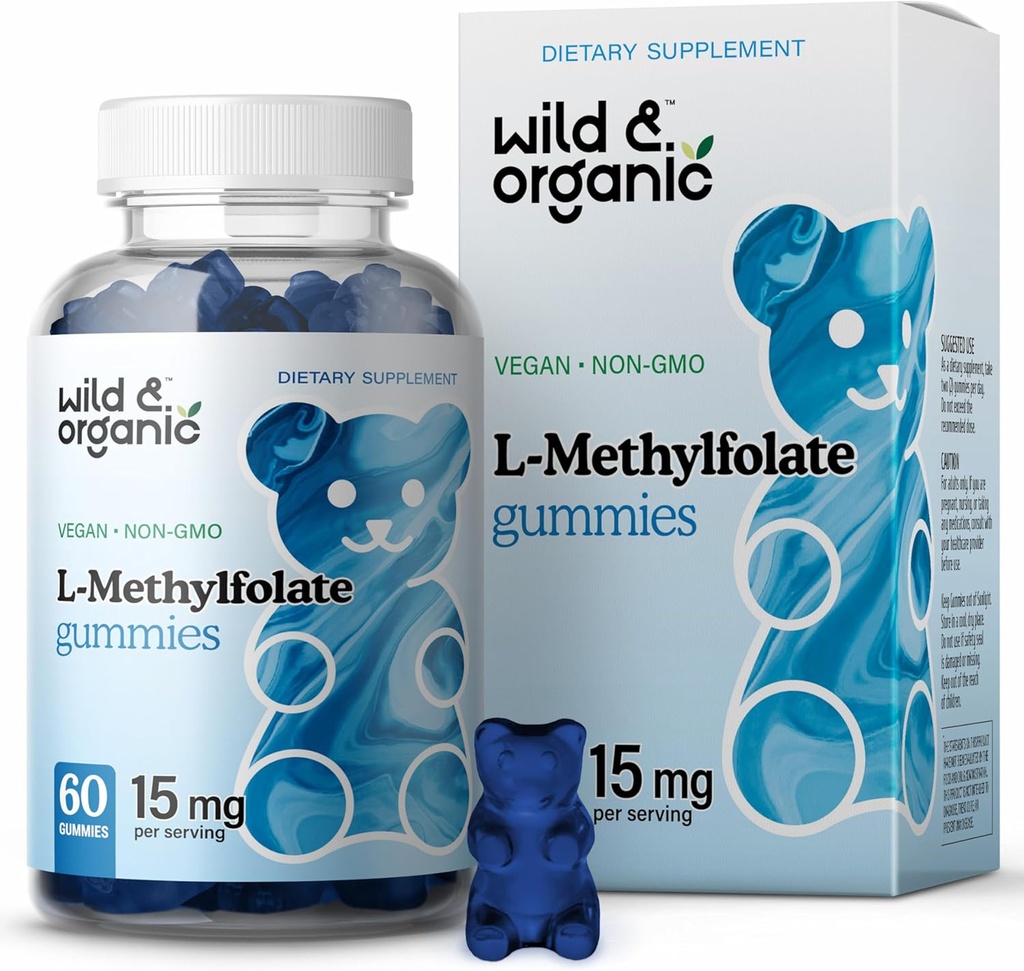Wild & Organic L-Methylfolate 15mg Gummies - Mood & Brain Support - Brain, Focus, Clarity - Folate Supplement w/Vitamin B9-60 Qeyri-GMO Lmetilfolta Gummies